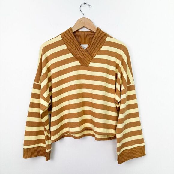 Anthropologie Maeve Women’s Yellow Tan Stripe Cotton Boxy Oversized V-Neck Top - Picture 2 of 11